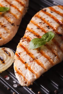 Tavuk fileto ızgara makro üzerinde soğan ile. Dikey