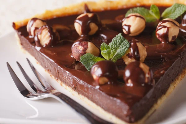 Pedaço de torta de chocolate com avelãs em uma placa macro . — Fotografia de Stock