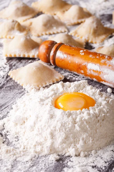 Raviolis italianos con ingredientes crudos de cerca. Vertical — Foto de Stock