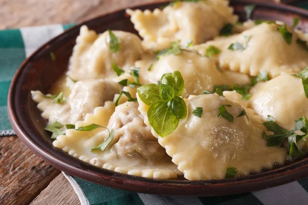 Heta ravioli närbild på en tallrik. horisontell, rustik stil — Stockfoto