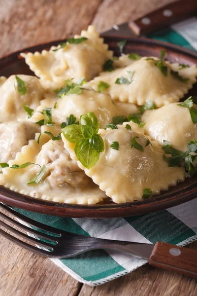 Hot ravioli closeup on a plate. vertical, rustic style — Stock Photo, Image