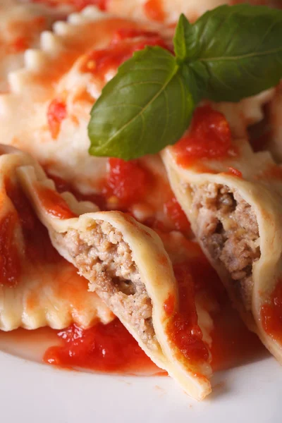 Ravioli rellenos de carne en salsa de tomate, vertical —  Fotos de Stock