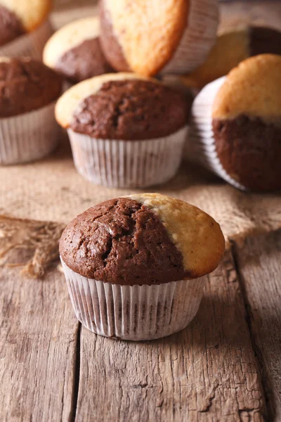 Schöne zweifarbige Schokoladenmuffins in Nahaufnahme, vertikal — Stockfoto