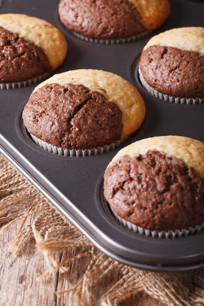 Chokolade muffins i bagning fad fra ovnen closeup. lodret - Stock-foto