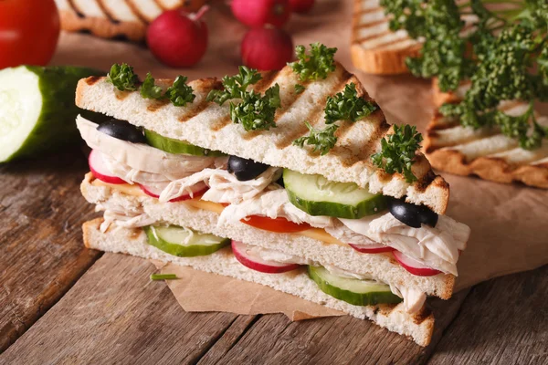 Sandwich dengan ayam, sayuran dan bahan-bahan, horisontal — Stok Foto