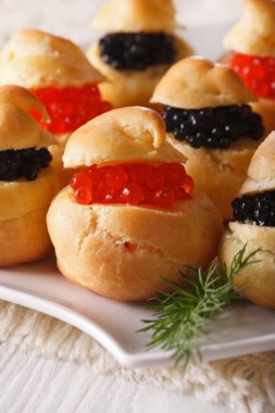 Kırmızı ve siyah havyar, dikey ile lezzetli profiterol