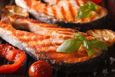 Somon steak ve sebze ızgara, makro. Yatay