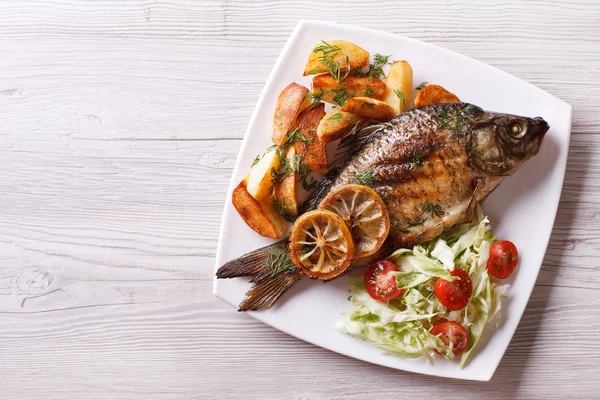 Gebratener Fisch mit Pommes und Salat horizontal von oben — Stockfoto