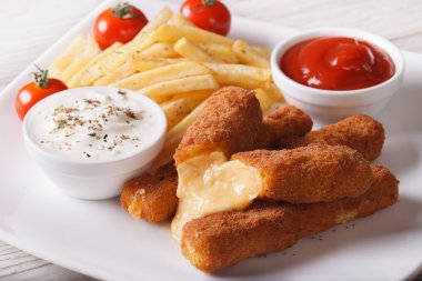 Kızarmış peynir ve patates kızartması sosu yakın çekim yatay