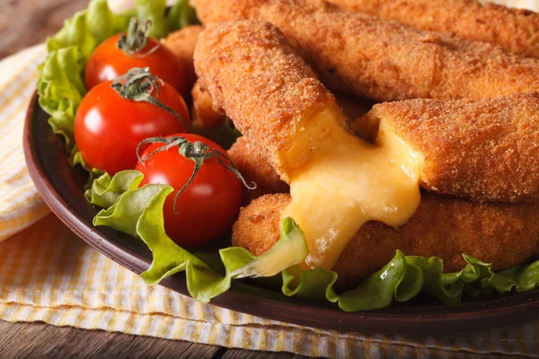 Queijo frito saboroso close-up e legumes frescos — Fotografia de Stock