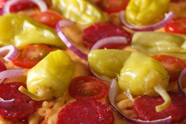 Pizza con salame, peperoncino Macro orizzontale — Foto Stock