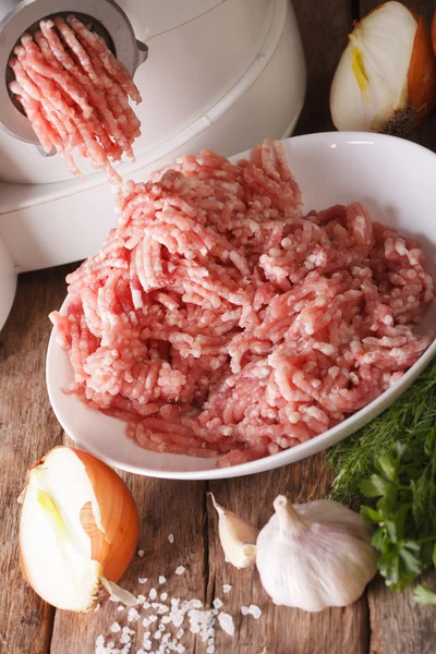 Κρέας μύλος close-up: προετοιμασία κιμά και λαχανικά — Φωτογραφία Αρχείου