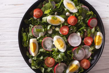 bir tablo yakın çekim üzerinde taze bahar salatası. Yatay Üstten Görünüm 