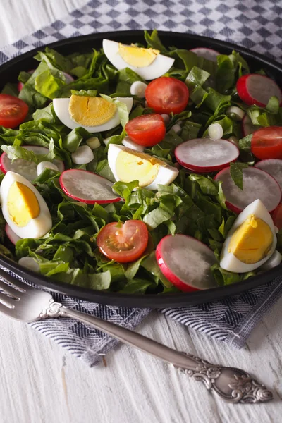 Σαλάτα με αυγά, ραπανάκια και οξαλίδα closeup. κάθετη — Φωτογραφία Αρχείου