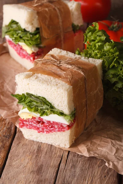 Sandwiches with salami, lettuce and egg wrapped in paper — Stock Photo, Image