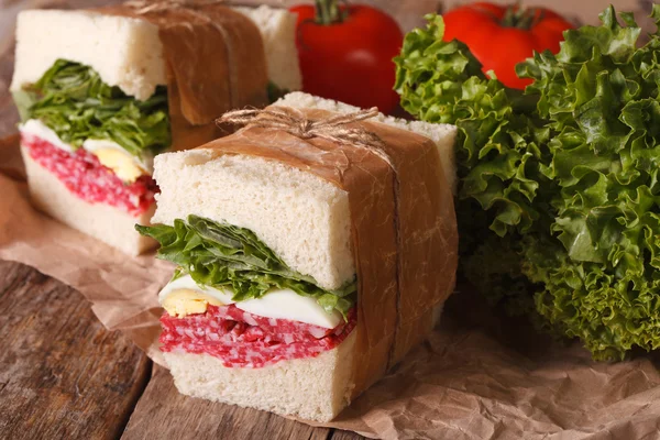 Sanduíches rústicos com salame, ovo e verduras embrulhados em papel — Fotografia de Stock