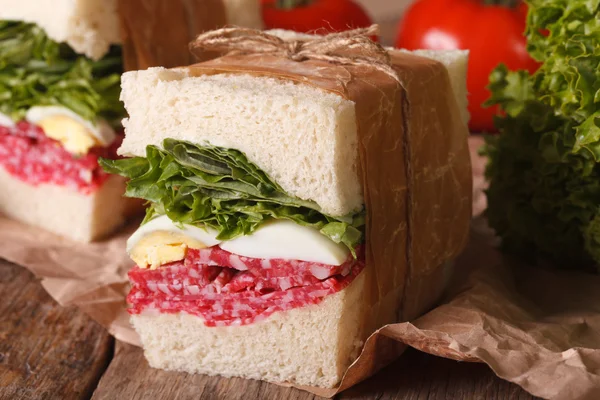 Sandwich with salami, egg and greens wrapped in paper — Stock Photo, Image