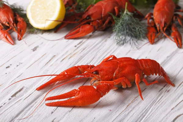 Kräftorna kokas med citron nära upp på ett bord. Horisontella — Stockfoto