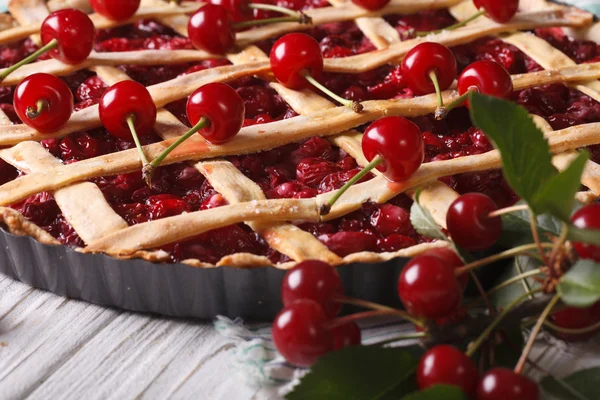 American cherry pie close up on the table. horizontal — Stock Photo, Image