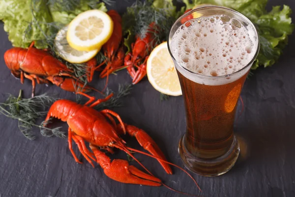 Beer with crawfish close-up on the table. horizontal top view — Stock Image Beer with crawfish close-up on the table. horizontal top view Royalty Free Stock Images