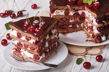 piece of cherry cake with chocolate horizontal