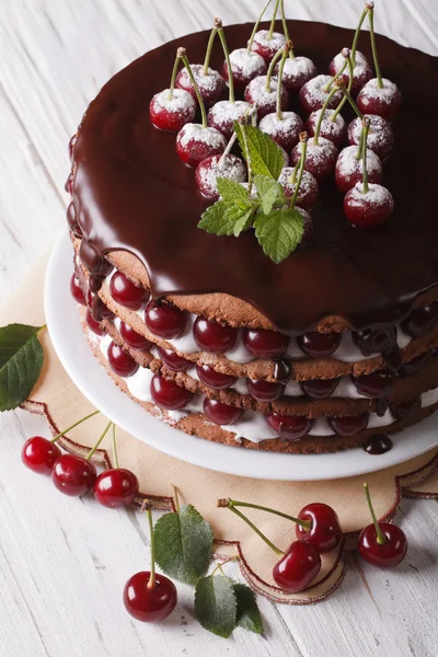 Big cherry cake with chocolate icing vertical — Stock Photo, Image