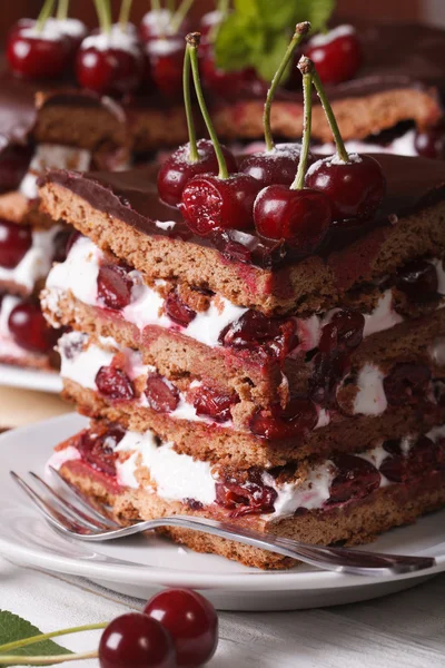 Delicious slice of cherry cake with chocolate close-up. Vertical — Stock Photo, Image