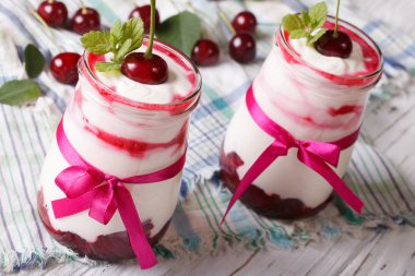 Süt tatlı bir cam kavanoza Olgun Kiraz ile