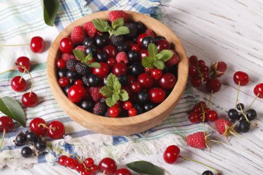 Berry mix in a wooden bowl close-up. Horizontal