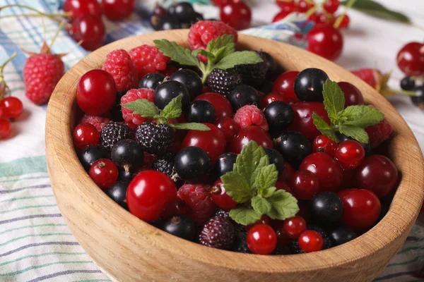 Delicious fresh berries in a bowl closeup. horizontal — Zdjęcie stockowe