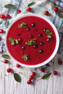 cherry cream soup with mint close-up. vertical top view