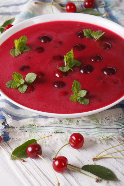 Hungarian cold cherry soup in a bowl  close-up. vertical 