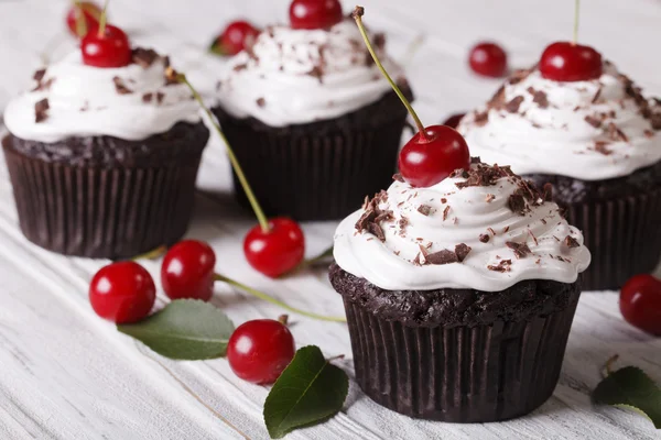 Chocolate cupcakes with cream and fresh cherry horizontal — Stock Photo, Image