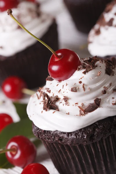 Gourmet csokoládé cupcakes Fekete-erdő makró. függőleges — Stock Fotó