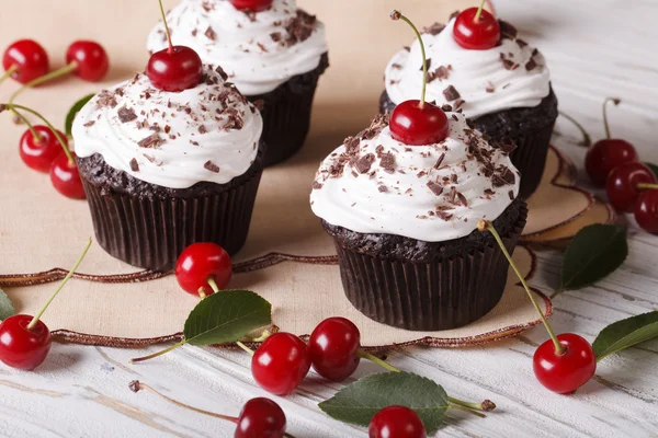 Beautiful chocolate cupcakes with white cream and cherry, horizo Stock Picture