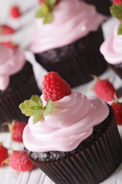 Pembe krema ve ahududu makro ile çikolata cupcakes. Dikey
