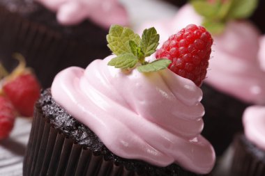 Pembe krema ve ahududu makro ile çikolata cupcakes. Horizont