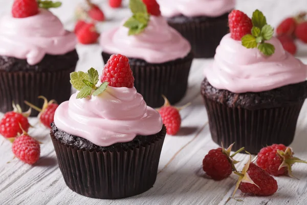 Cupcakes de chocolate com creme e framboesas frescas closeup. horda — Fotografia de Stock