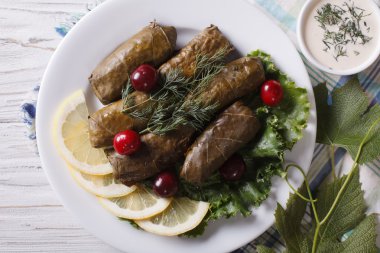 Dolma: grape leaves stuffed with meat close-up, horizontal top v