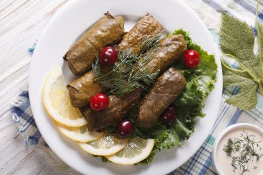 Delicious homemade dolma with lemon on a plate. Horizontal top v
