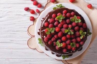 Chocolate cake with fresh raspberries and mint. Horizontal top v