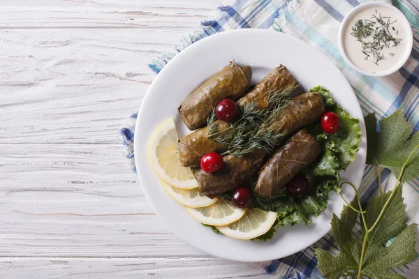 Dolma: grape leaves stuffed with meat, horizontal top view — Stockfoto