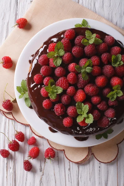 Chocolate cake with fresh raspberries and mint vertical top view — Stok fotoğraf