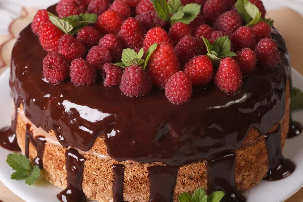 Chocolate raspberry cake with fresh berries close up horizontal — Stock Photo, Image