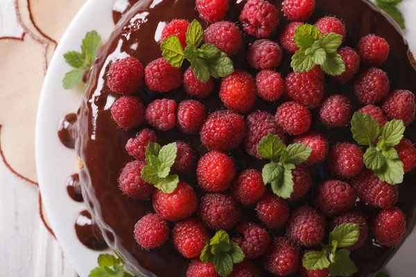 Chocolate raspberry cake close up on a plate. horizontal top vie — Stock Photo, Image