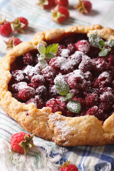 Rustic raspberry pie with mint close up on the table. vertical — Stock Photo, Image