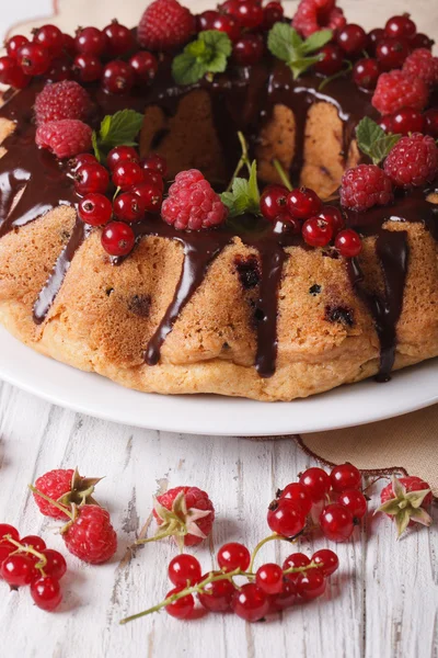 Berry plaka yakın çekim üzerine çikolata krema ile sünger kek. Vert — Stok fotoğraf