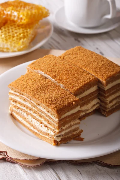 Delicioso pastel de miel en un primer plano plato y panal. vertical — Foto de Stock