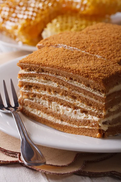 Macro gâteau au miel sur une assiette en nid d'abeille de fond. vertical — Photo