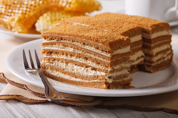 Gâteau au miel gros plan sur une assiette sur fond nid d'abeille. horizont — Photo